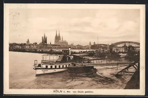 AK Köln a. Rh., Von Deutz gesehen, Dom, Hohenzollernbrücke, Rheinpartie