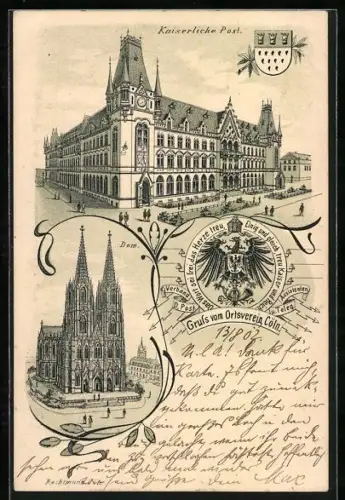 Lithographie Köln, Kaiserliche Post, Dom, Wappen
