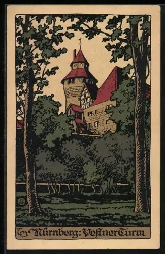 Steindruck-AK Nürnberg, Blick zum Vestner Turm