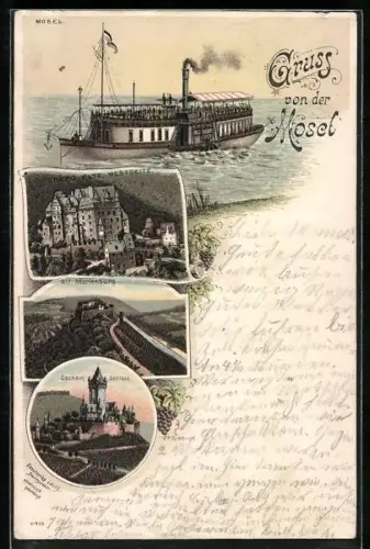 Lithographie Cochem, Moselland und Umgebung mit Schloss in Cochem und Marienburg bei Alf