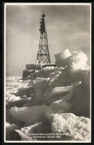 AK Warnemünde, Ostseebad, Packeis am Molenkopf im Winter 1929, Unwetter