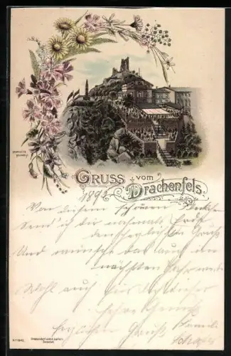 Lithographie Königswinter a. Rh., Drachenfels