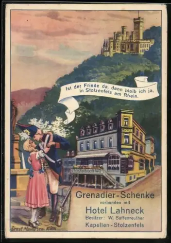 Künstler-AK Kapellen-Stolzenfels, Grenadier-Schenke und Hotel Lahneck, Bes. W. Saffenreuther