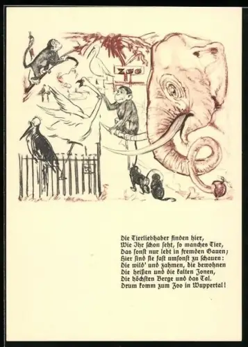 Künstler-AK Wuppertal, Verkehrsverein, Elefant, Affe und Storch im Zoo