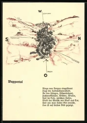 Künstler-AK Wuppertal, Verkehrsverein, Landkarte mit Düsseldorf, Essen und Hagen