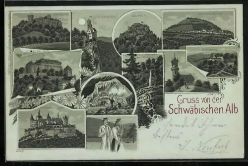Mondschein-Lithographie Achalm /Schwäbische Alb, Burg Achalm, Burg Hohenzollern, Schloss Lichtenstein