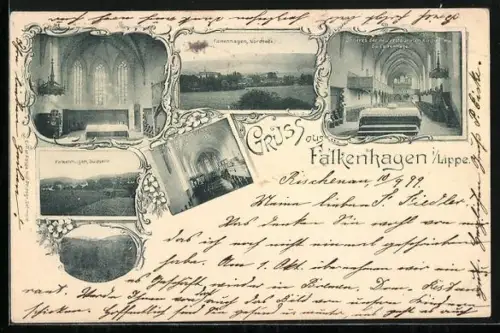 AK Falkenhagen i. Lippe, Teilansicht Nordseite, Inneres der restaurierten Kirche, vor der Restaurierung