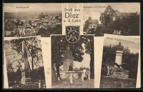 AK Diez a.d. Lahn, Rezeptur mit Schloss, Schlossbrunnen, Kaiser Friedrich-Denkmal, Kriegerdenkmal, Wappen