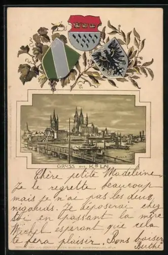 Passepartout-Lithographie Köln, Panorama mit Rheinbrücke, Wappen
