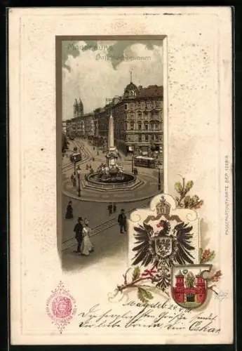 Passepartout-Lithographie Magdeburg, Hasselbachbrunnen, Strassenbahn, Landeswappen