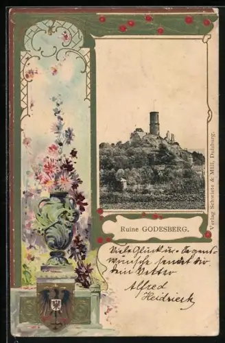 Passepartout-Lithographie Godesberg, Blick zur Ruine, Wappen