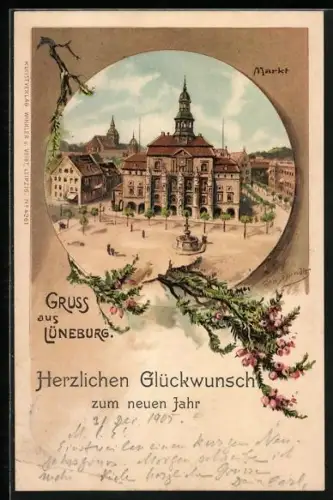 Lithographie Lüneburg, Markt mit Rathaus, Neujahrsgruss