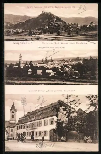 AK Singhofen, Gasthof Minor zum goldnen Brunnen, Burg Nassau mit Berg-Nassau-Scheuern