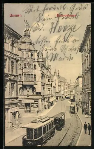 AK Barmen, Berlinerstrasse mit Gasthaus Zum Südpol und Strassenbahn