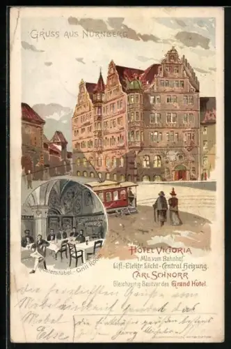 Lithographie Nürnberg, Hotel Victoria mit Strassenbahn, Klosterstübel