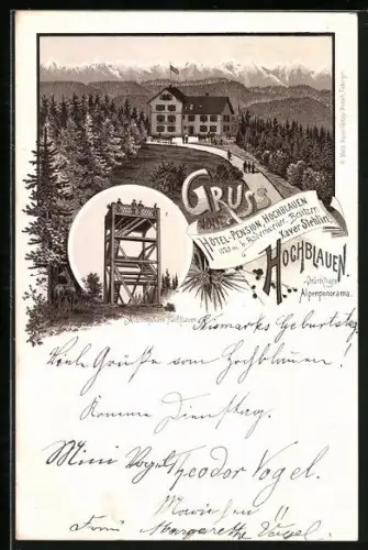 Lithographie Hochblauen b. Badenweiler, Hotel-Pension Hochblauen, Aussichtsturm
