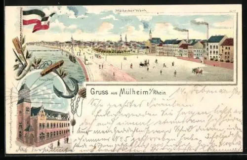 Lithographie Mülheim a. Rhein, Mühlheimer Werft, Neue Post