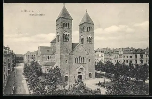 AK Köln-Neustadt, Michaelskirche mit Strassenpartie am Brüsseler Platz