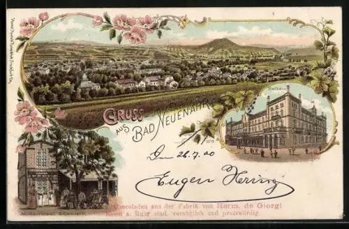 Lithographie Bad Neuenahr, Gasthaus zur Milchkuranstalt Schweizerei, Kurhaus, Gesamtansicht