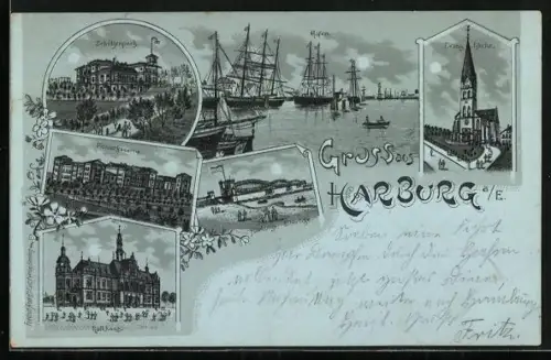 Mondschein-Lithographie Hamburg-Harburg, Gasthaus Schützenpark, Pionierkaserne, Evangelische Kirche