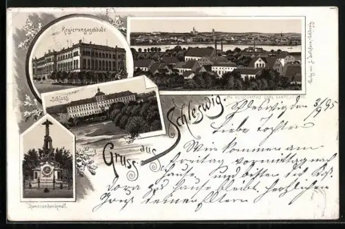 Vorläufer-Lithographie Schleswig, 1895, Schloss, Regierungsgebäude, Kanonendenkmal