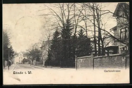 AK Bünde i. W., Gartenstrasse mit Laterne
