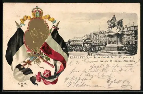 Passepartout-Lithographie Elberfeld, Schwebebahnhof, Döppersberg und Kaiser Wilhelm-Denkmal, Wappen