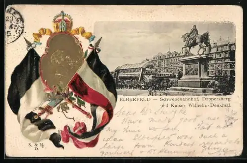 Passepartout-Lithographie Elberfeld, Schwebebahnhof, Döppersberg und Kaiser Wilhelm-Denkmal, Wappen