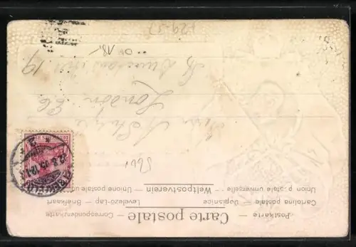 Passepartout-Lithographie Elberfeld, Schwebebahnhof, Döppersberg und Kaiser Wilhelm-Denkmal, Wappen