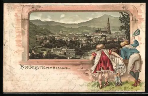 Passepartout-Lithographie Freiburg i. B., Blick vom Hebesack, Kinder am Fenster