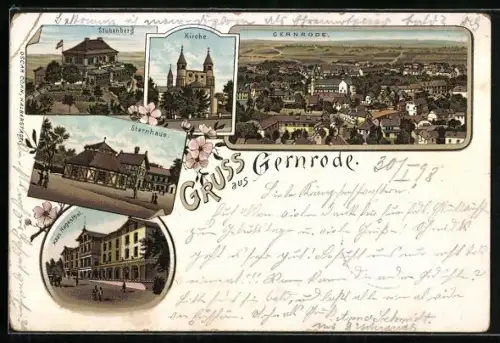 Lithographie Gernrode / Harz, Gesamtansicht, Gasthaus Sternhaus, Kirche