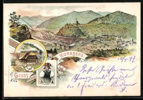Lithographie Hornberg / Schwarzwald, Teilansicht mit Turm, Bauernhaus, Frau in Tracht