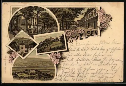 Lithographie Bad Eilsen, Kursaal, Ruine Schaumburg mit Paschenburg, Arenburg