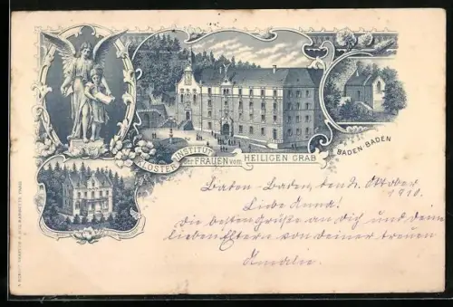 Lithographie Baden-Baden, Kloster-Institut der Frauen vom Heiligen Grab, Ortspartie, Engelsstatue