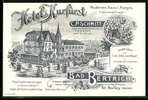 Lithographie Bad Bertrich, Totale von C.P. Schmitt`s Pension Hotel Kurfürst, Blick in die Käsegrotte