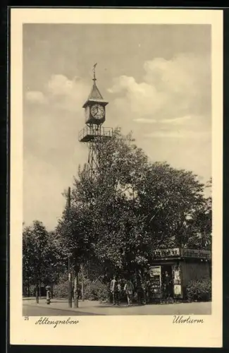 AK Altengrabow, Uhrturm mit Zeitungskiosk
