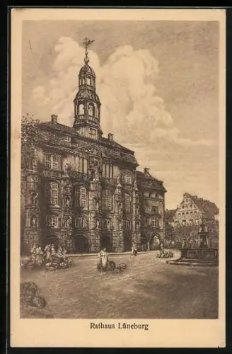 Künstler-AK Lüneburg, Rathaus mit Strassenpartie