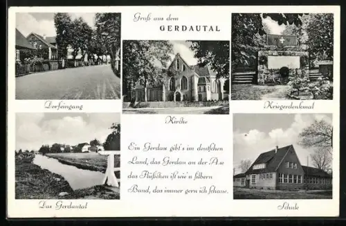AK Gerdau / Lüneburger Heide, Kirche, Schule, Kriegerdenkmal, Gerdautal
