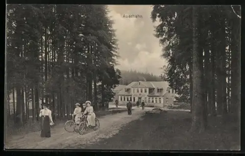 AK Stützerbach, Gasthaus Auerhahn, Radfahrerinnen