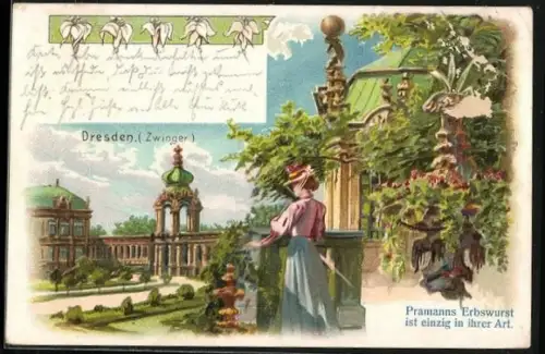 Lithographie Dresden, Zwinger mit Spaziergängerin, Reklame für Pramanns Erbswurst