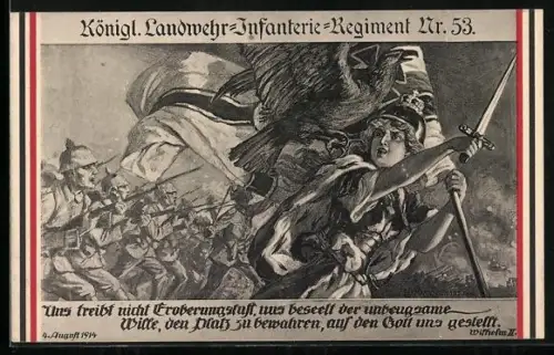 Künstler-AK Königl. Landwehr-Infanterie-Regiment Nr. 53, Germania mit Reichskriegsflagge