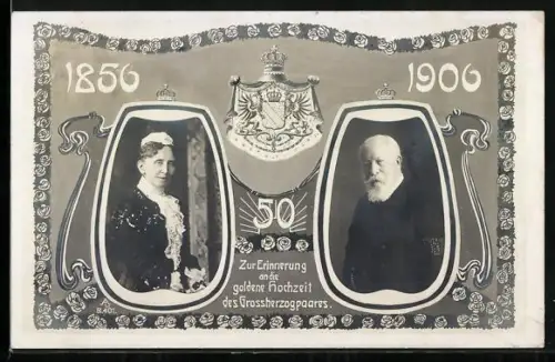 AK Goldene Hochzeit des Herzogenpaares 1906, Porträts und Wappen