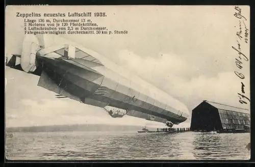 AK Zeppelins neuestes Luftschiff über dem Wasser