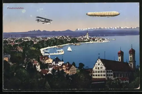 AK Friedrichshafen, Zeppelin & Flugzeug am Hafenbecken, mit Kirche