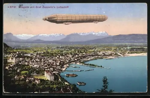 AK Bregenz, Graf Zeppelin`s Luftschiff über der Stadt