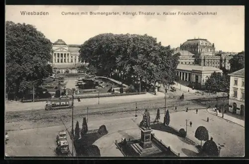 AK Wiesbaden, Kurhaus und Blumengarten, Theater und Strassenbahn