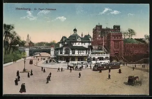 AK Hamburg-St. Pauli, Gasthof Fährhaus mit Strassenpartie bei Dämmerung, Strassenbahn