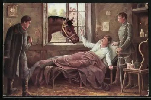 Künstler-AK Ein lieber Besuch, Pferd schaut durch ein Fenster zu einem im Bett liegenden Soldaten
