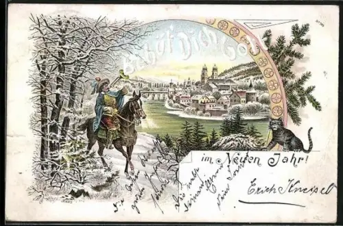 Lithographie Behüt Dich Gott im neuen Jahr!, Schwarze Katze und Trompeter von Säckingen