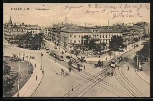 AK Halle / Saale, Strassenbahnen auf dem Riebeckplatz, Pferdegespanne